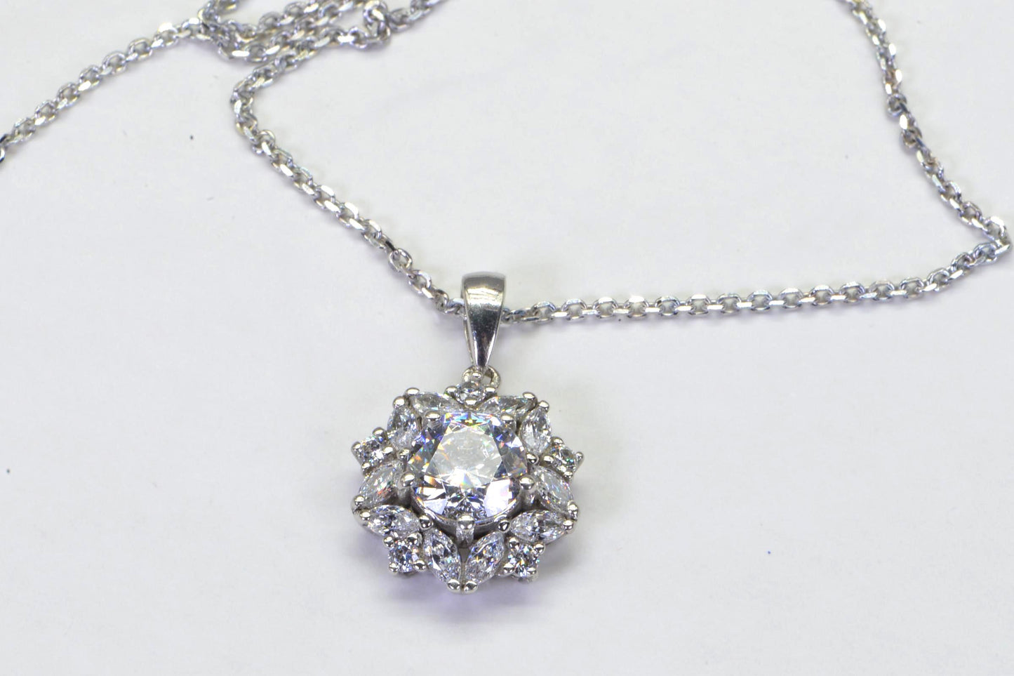 Diamond Flower Pendant Necklace: Sterling Silver Bridal Jewelry