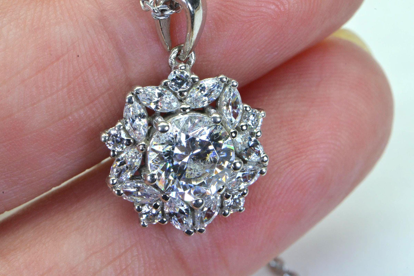Diamond Flower Pendant Necklace: Sterling Silver Bridal Jewelry