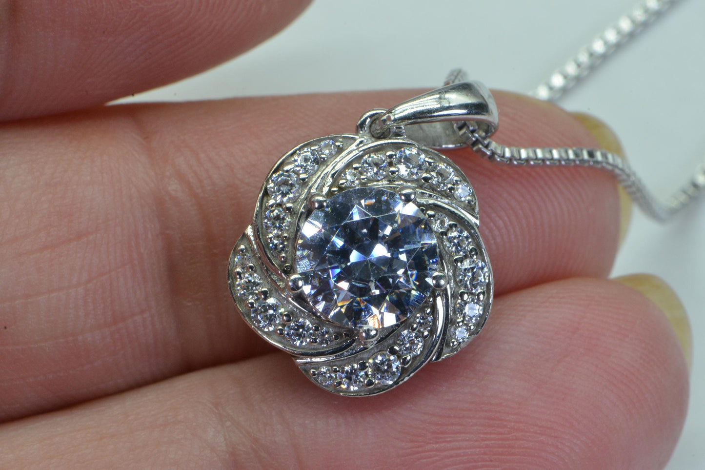 Diamond Cut Flower Pendant Necklace: Sterling Silver Bridal Jewelry