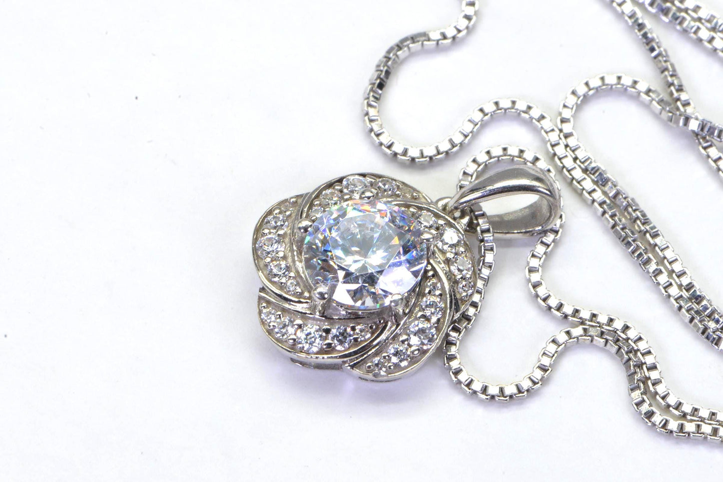 Diamond Cut Flower Pendant Necklace: Sterling Silver Bridal Jewelry