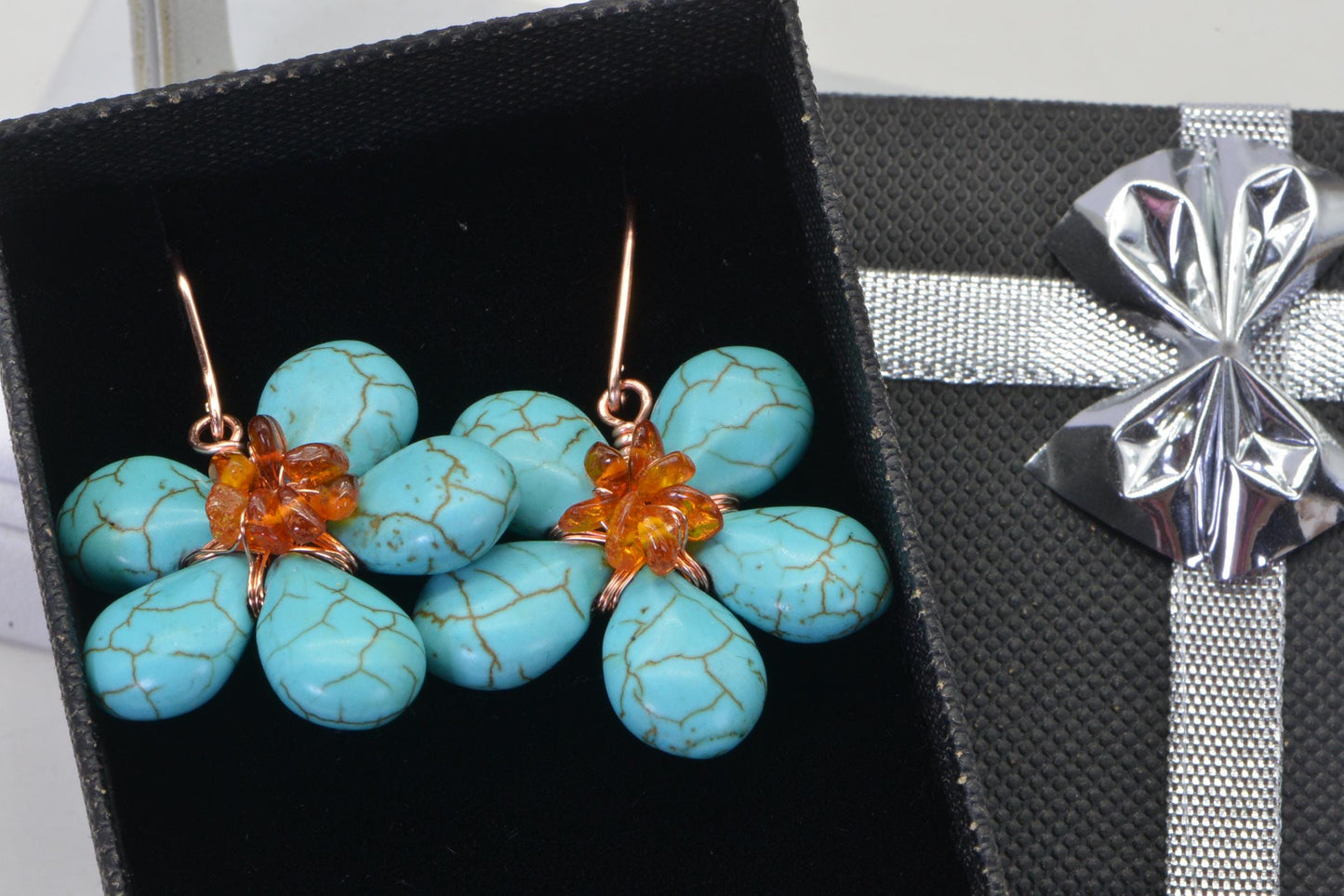 Turquoise Amber Flower Earrings: Wire Wrapped Copper Dangle Earrings