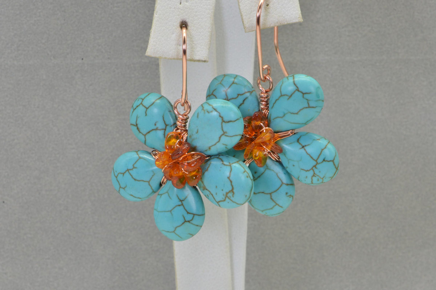Turquoise Amber Flower Earrings: Wire Wrapped Copper Dangle Earrings
