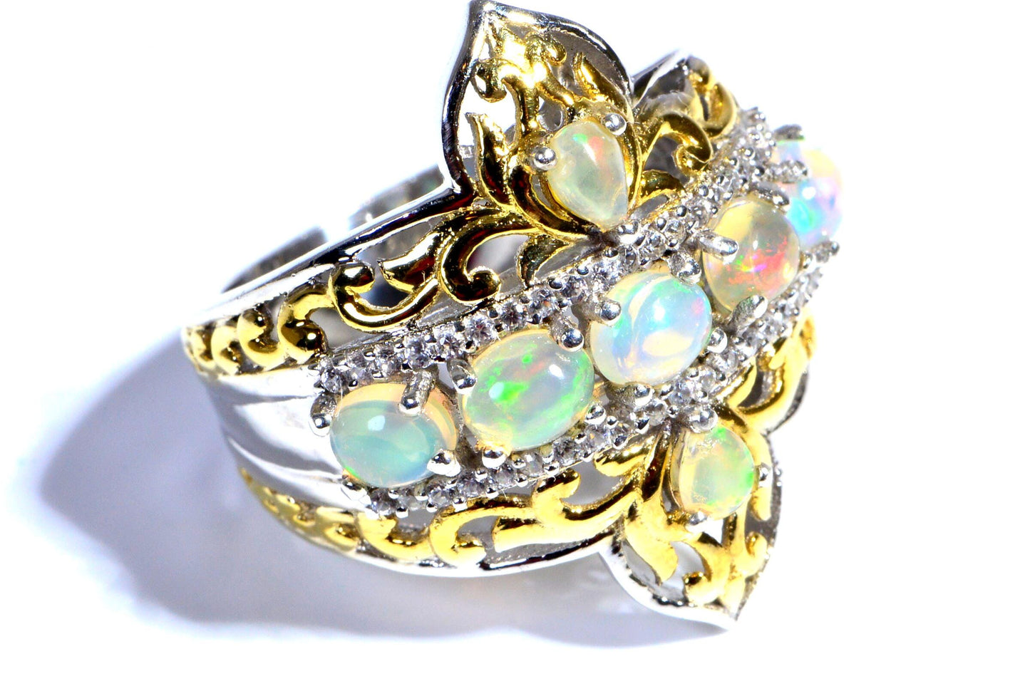 Ethiopian Opal Ring, Multi Stone, 14k Yellow Gold Over Sterling Silver, Size 7