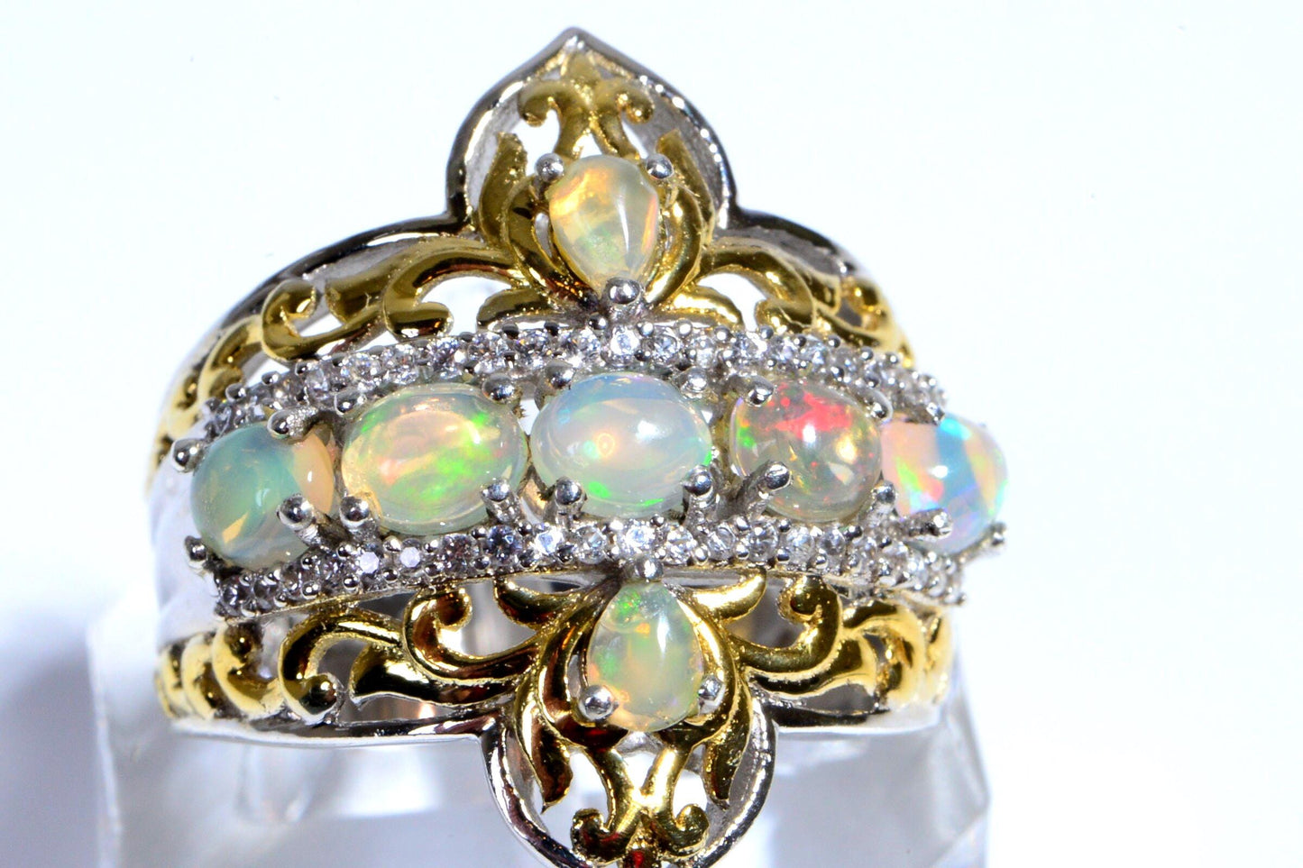 Ethiopian Opal Ring, Multi Stone, 14k Yellow Gold Over Sterling Silver, Size 7