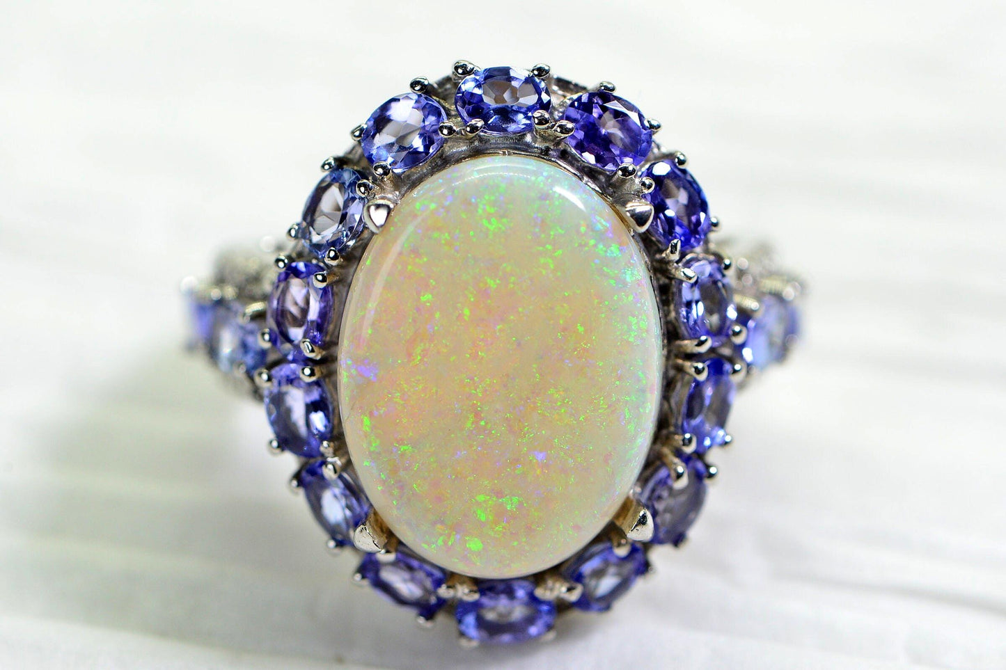 Australian White Opal Ring: Sterling Silver Halo, Tanzanite Accent