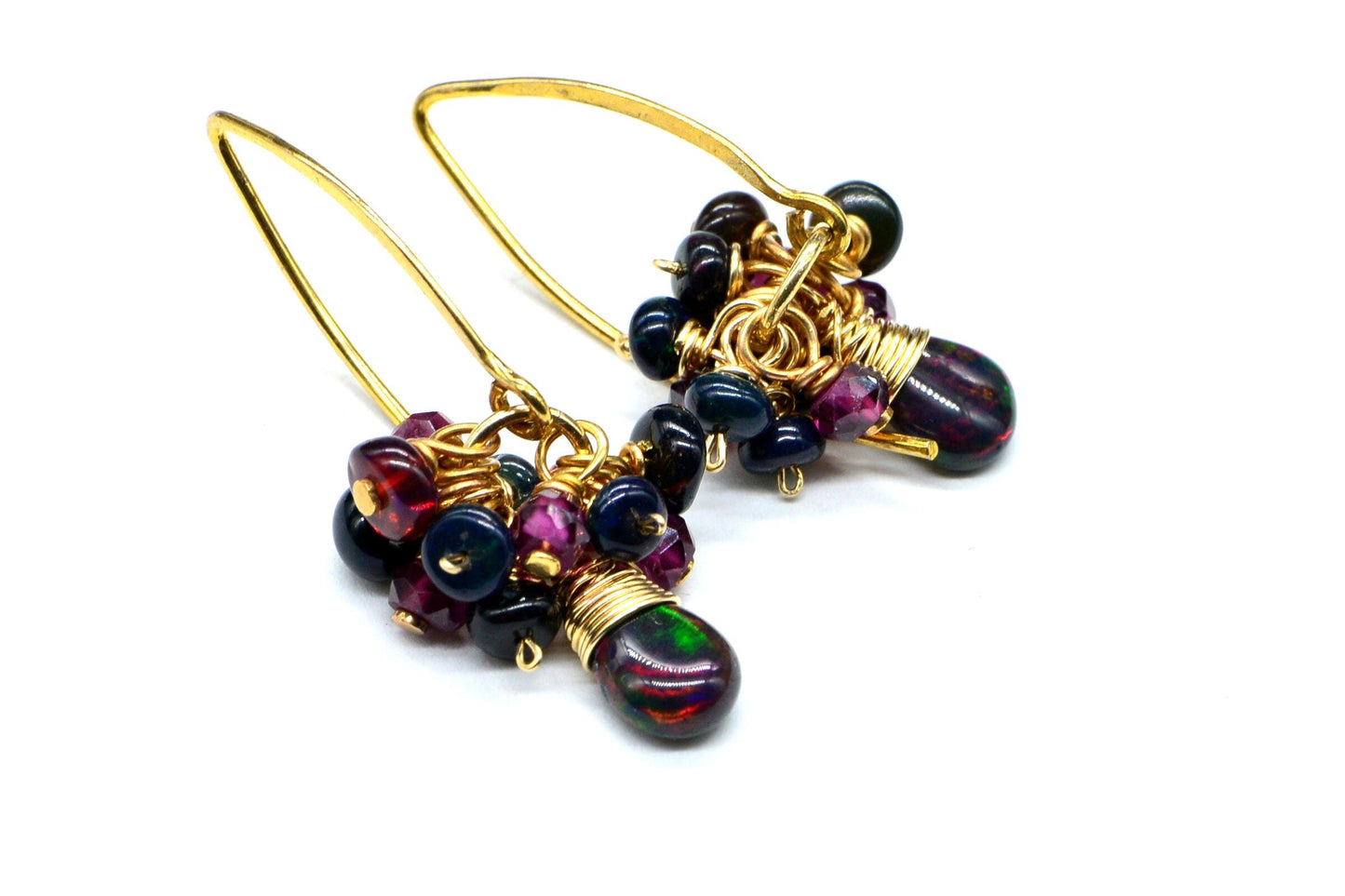 Gold Filled Black Opal Garnet Earrings, Wire Wrapped Dangle Earrings