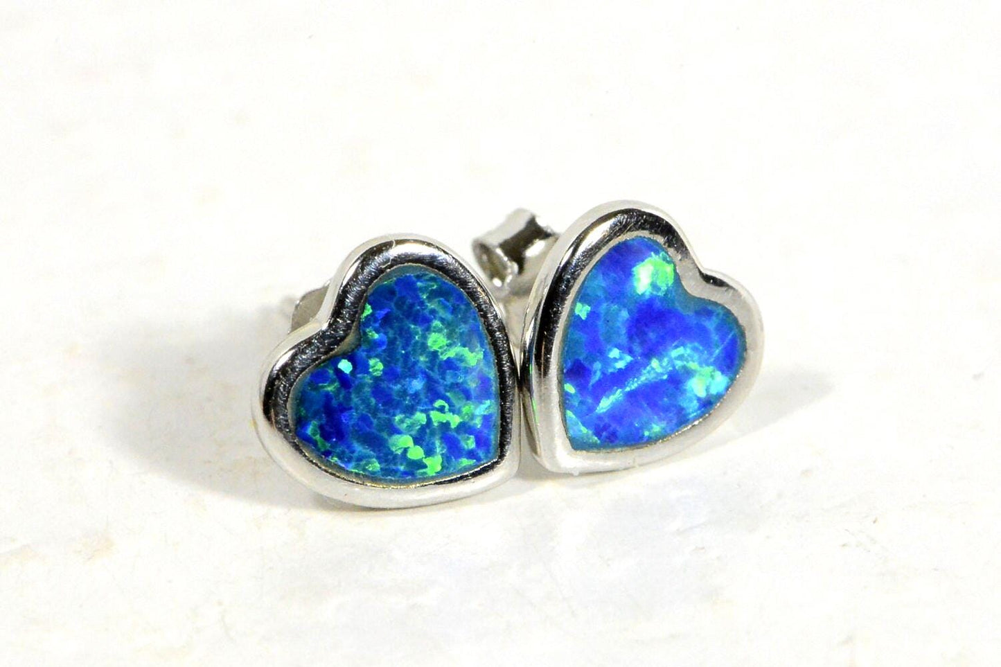Blue Opal Heart Stud Earrings: 14K White Gold Over Sterling Silver