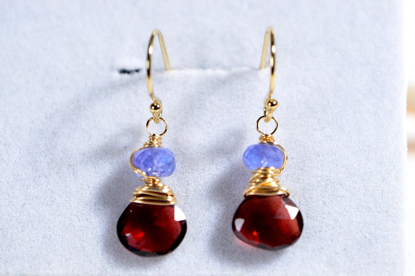 Tanzanite Garnet 14K Gold Wire Wrapped Earrings Multi stone Small Earrings Birthstone February