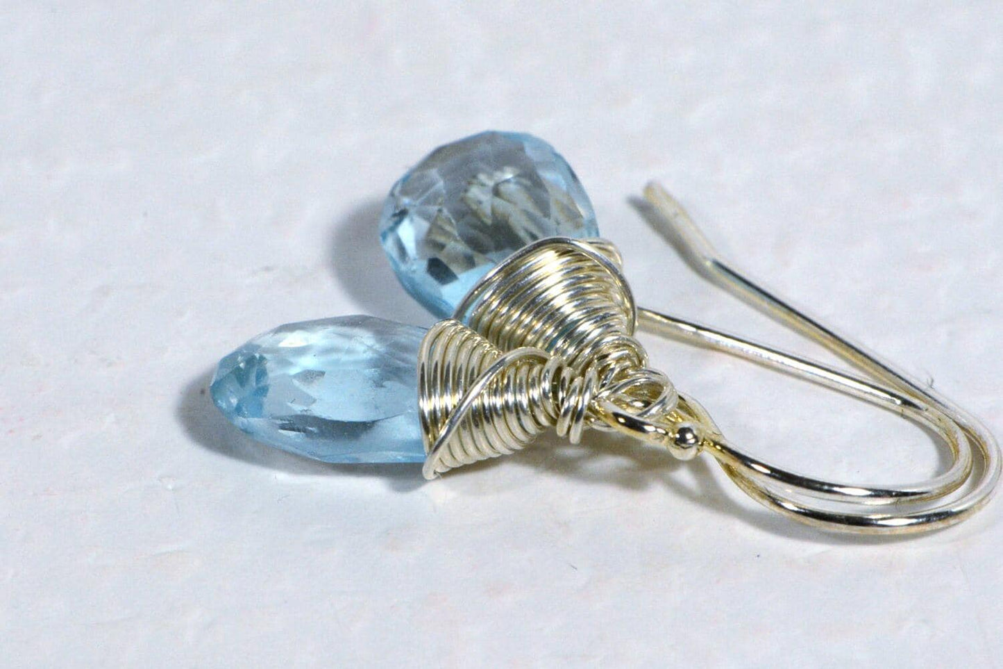 Natural  Blue Topaz Earrings Micro Facet Briolette AAA Wired On Sterling Silver Birthstone