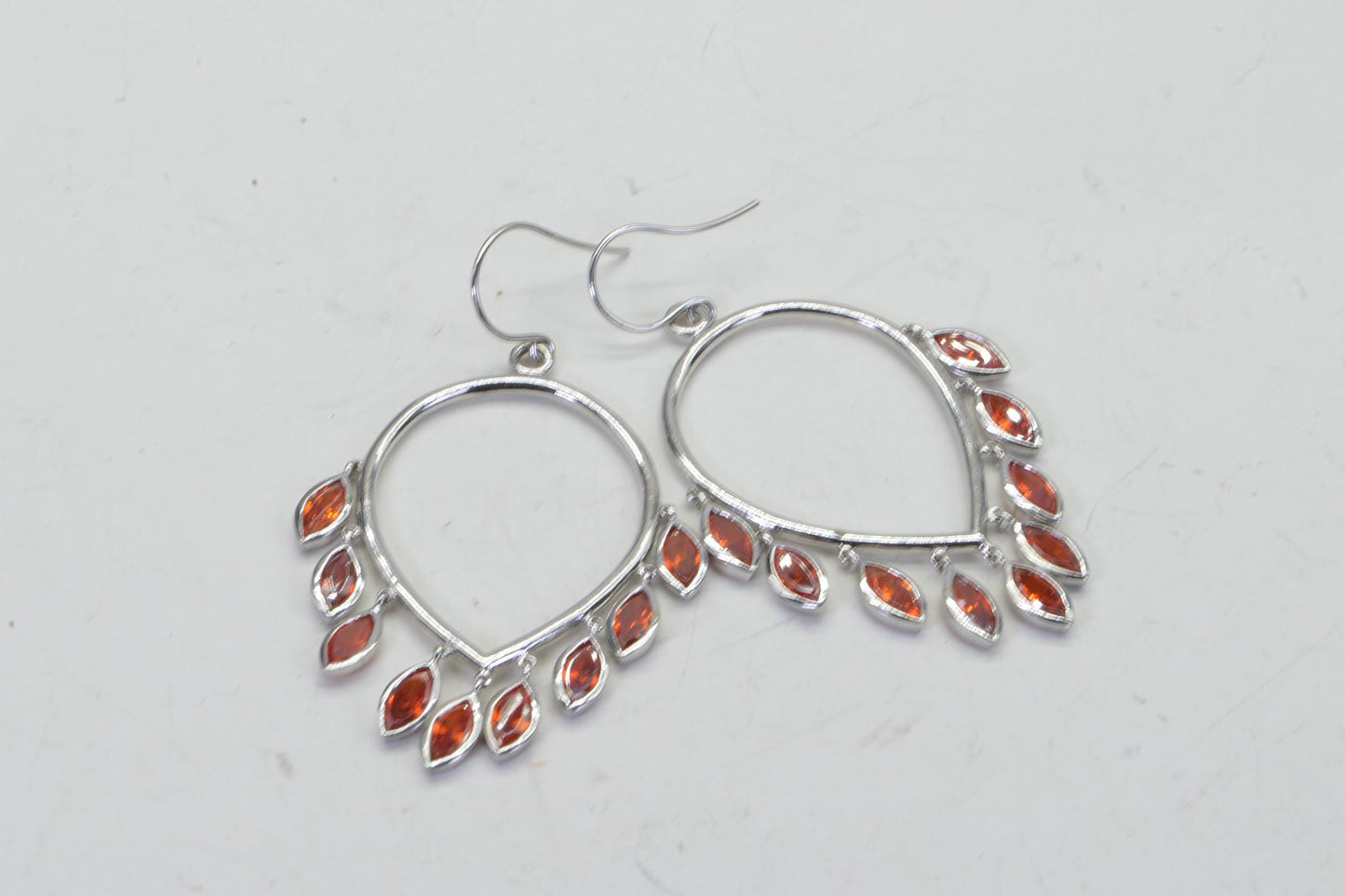 Mexican Cherry Red Fire Opal Multi Stone Cluster Teardrop Earrings Sterling Silver Birthstone October