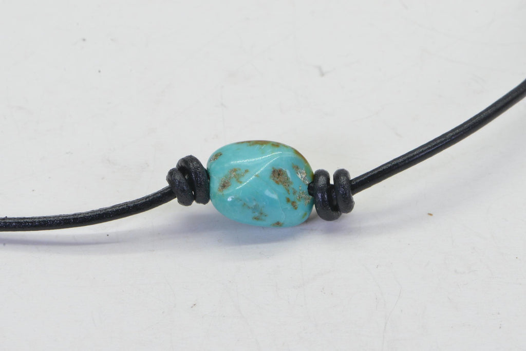 Kingman  Nuggets Turquoise  On Leather Choker  Necklace Single Bead Knotted