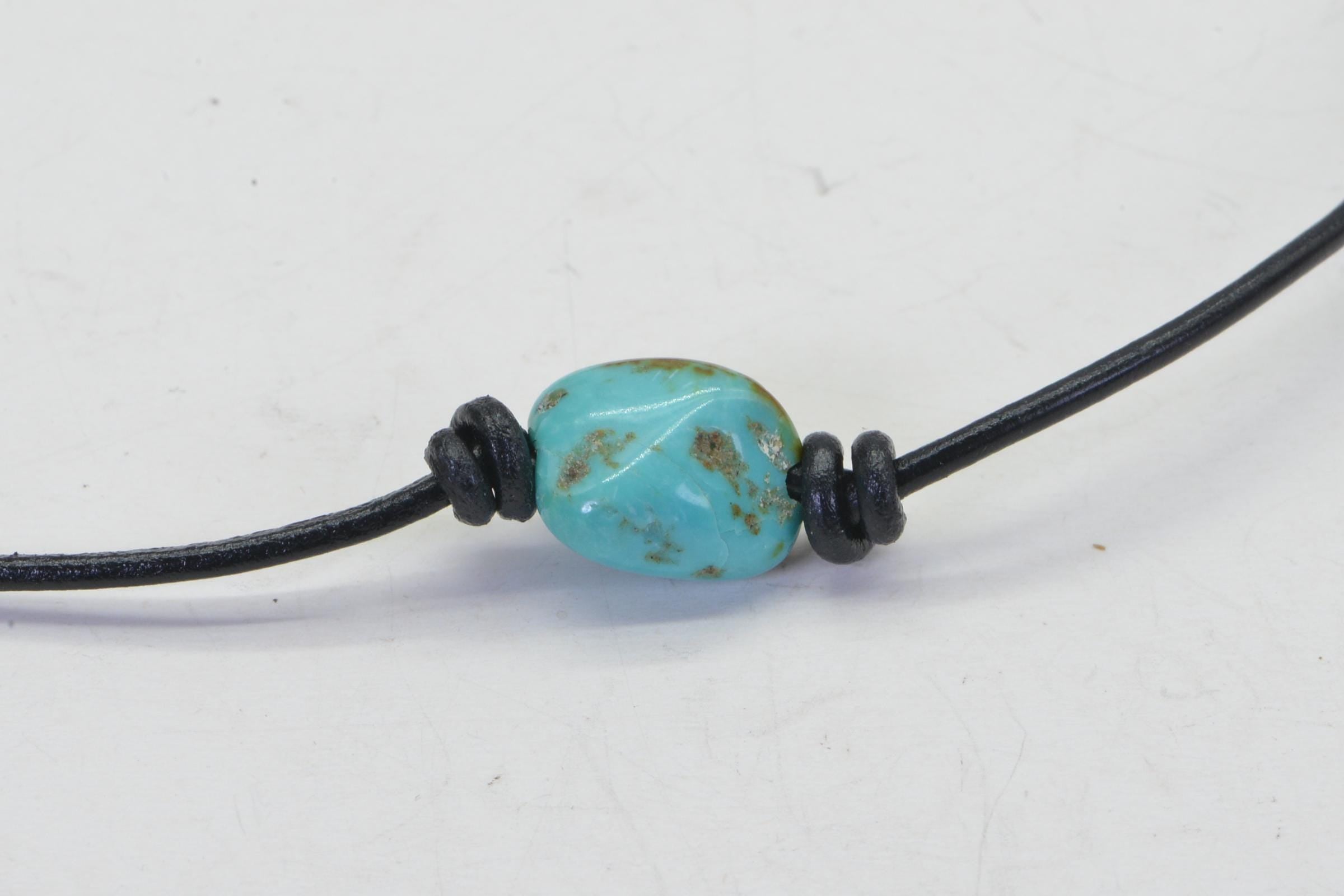 Kingman  Nuggets Turquoise  On Leather Choker  Necklace Single Bead Knotted