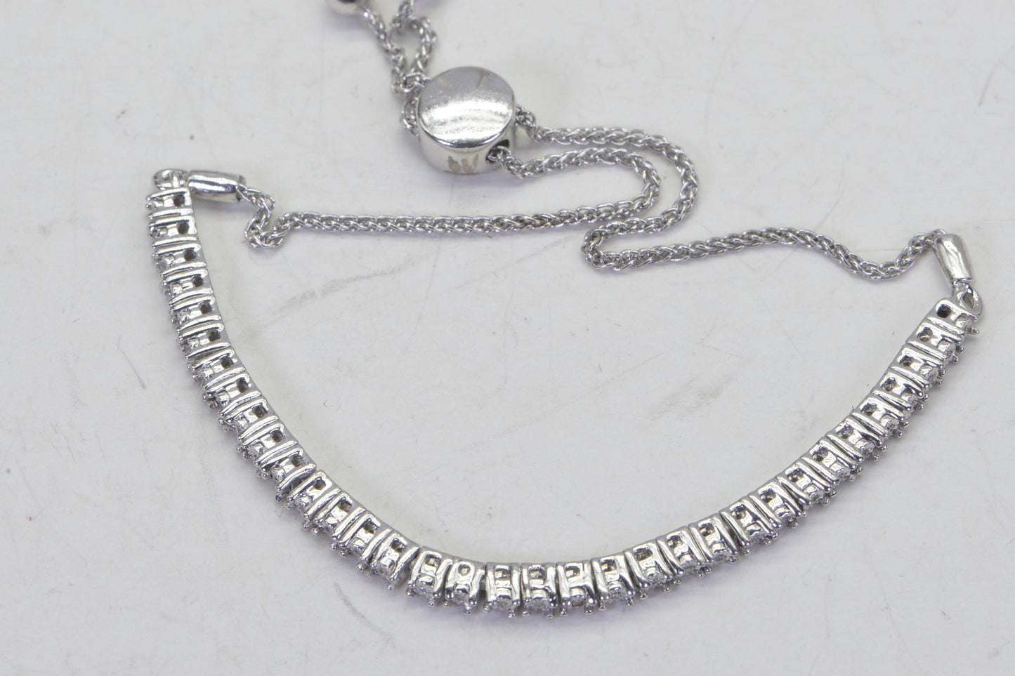 Dainty Diamond Tennis Bolo Bracelet: Sterling Silver Rhodium Finish