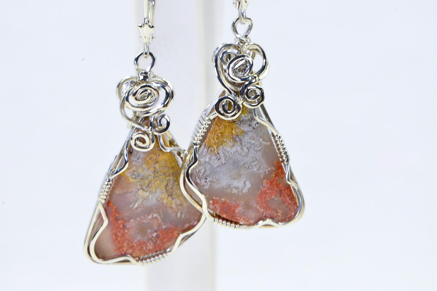 Handmade Sterling Silver Wire Wrapped Crazy Lace Agate Earrings