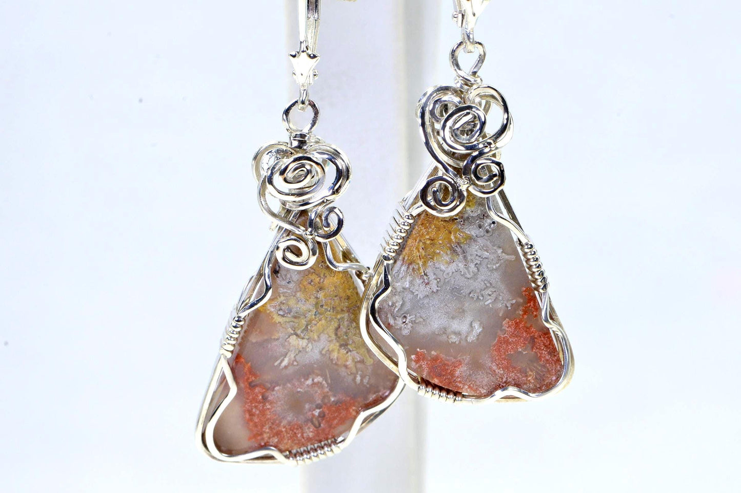 Handmade Sterling Silver Wire Wrapped Crazy Lace Agate Earrings