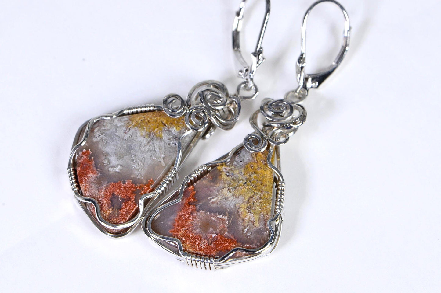 Handmade Sterling Silver Wire Wrapped Crazy Lace Agate Earrings