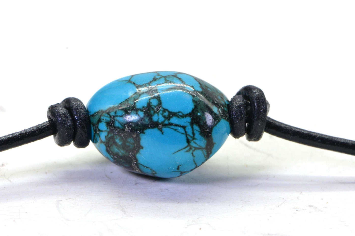 Blue Turquoise Pendant Necklace: Sterling Silver Clasp, Leather Cord