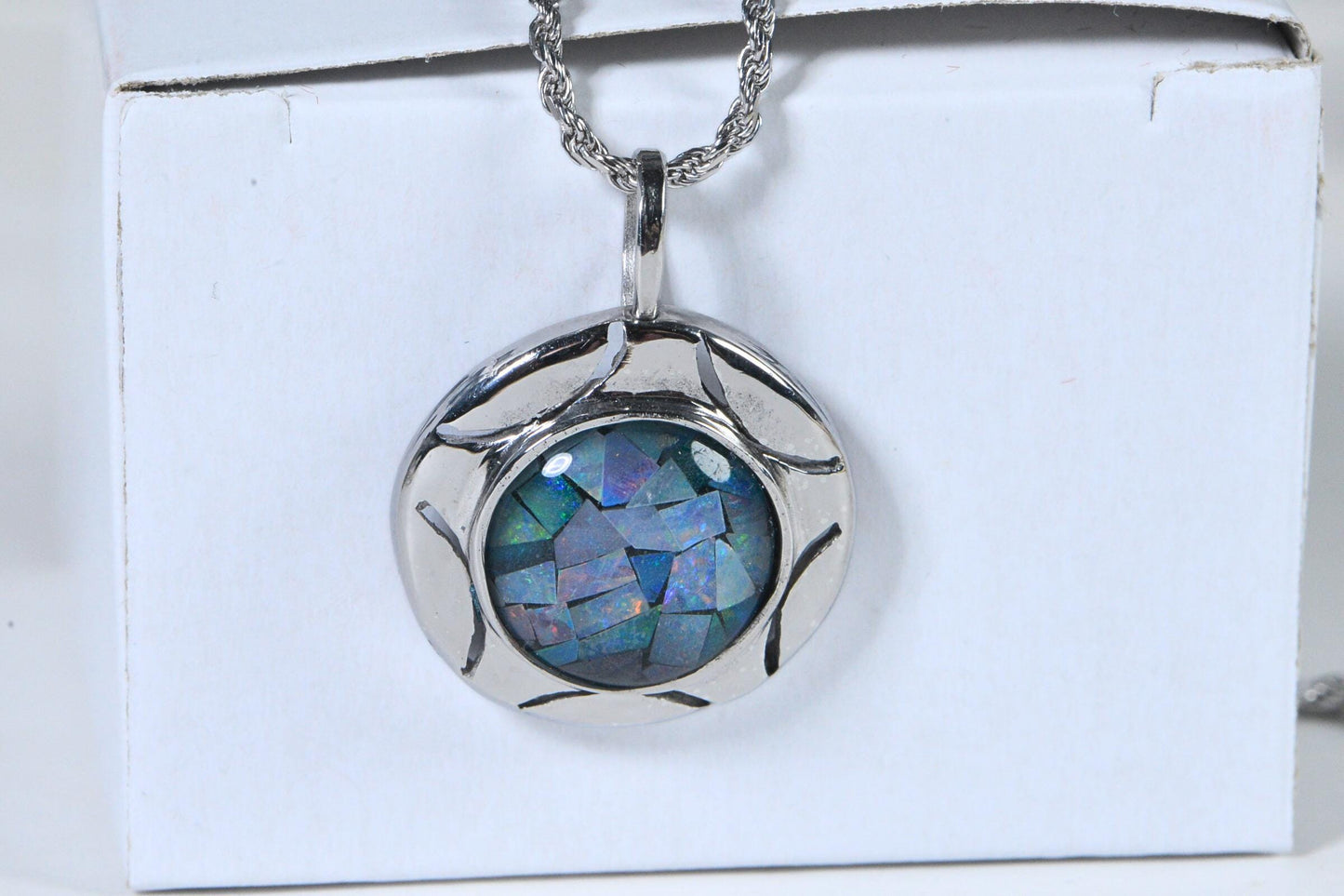 Mosaic Opal Pendant: Australian Inlay, 14K White Gold Over Sterling Silver