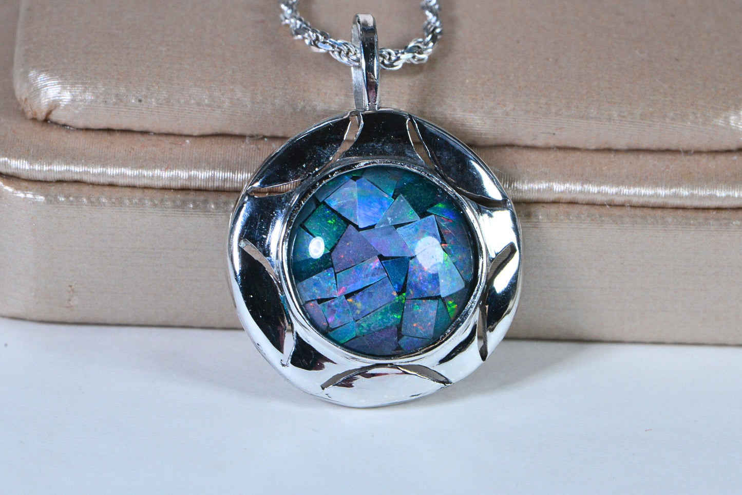 Mosaic Opal Pendant: Australian Inlay, 14K White Gold Over Sterling Silver
