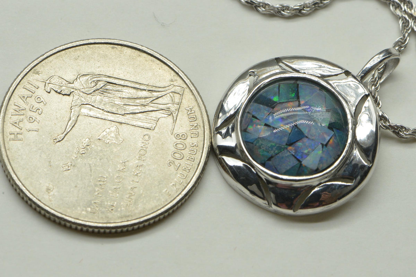 Mosaic Opal Pendant: Australian Inlay, 14K White Gold Over Sterling Silver