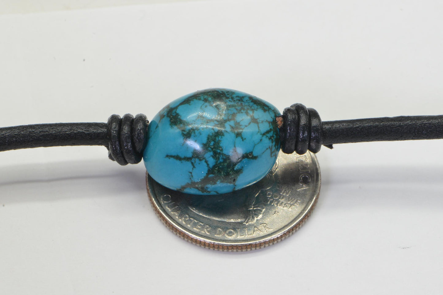 Turquoise Pendant Necklace, Sterling Silver Clasp, Black Leather Cord