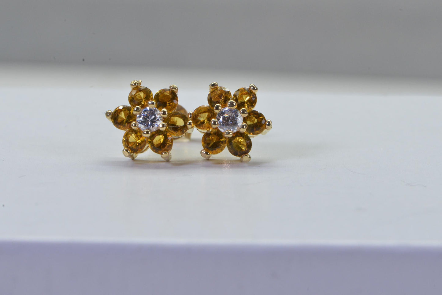 Yellow Diamond Flower Stud Earrings: 14K Gold Over Sterling Silver