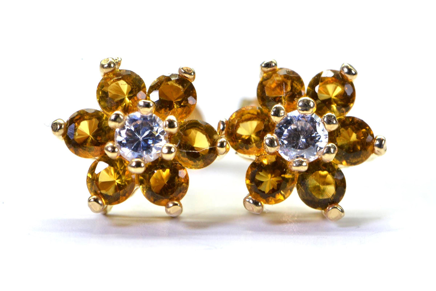 Yellow Diamond Flower Stud Earrings: 14K Gold Over Sterling Silver
