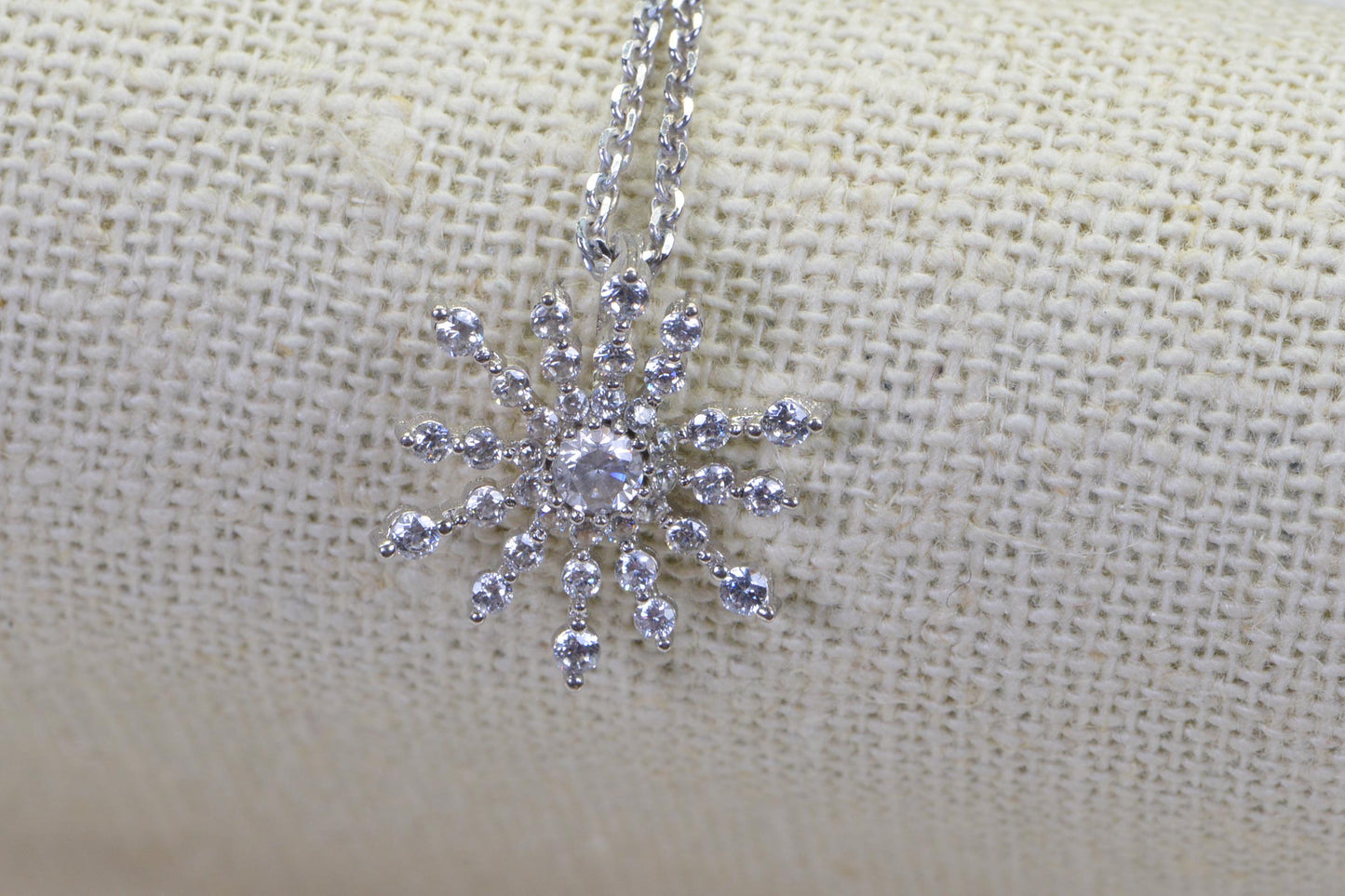 Simulated Diamond  Snowflake flower sunburst floting Pendant 14K White Gold Over Sterling Silver