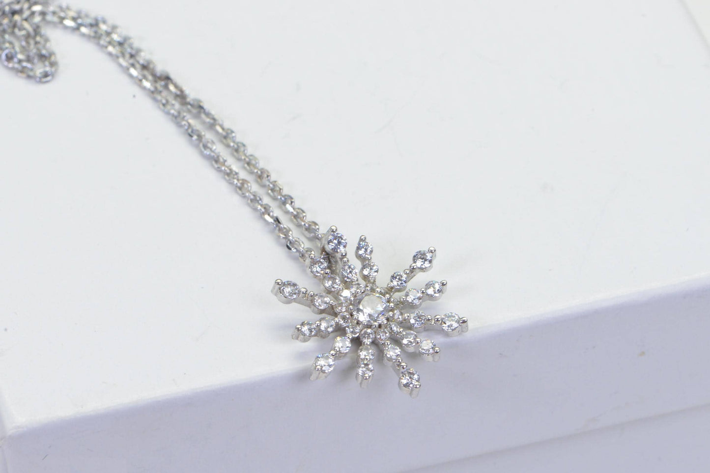 Simulated Diamond  Snowflake flower sunburst floting Pendant 14K White Gold Over Sterling Silver