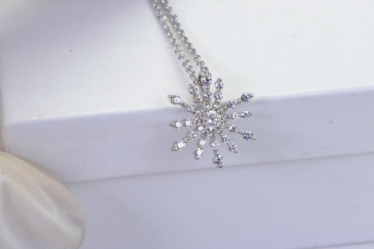 Simulated Diamond  Snowflake flower sunburst floting Pendant 14K White Gold Over Sterling Silver