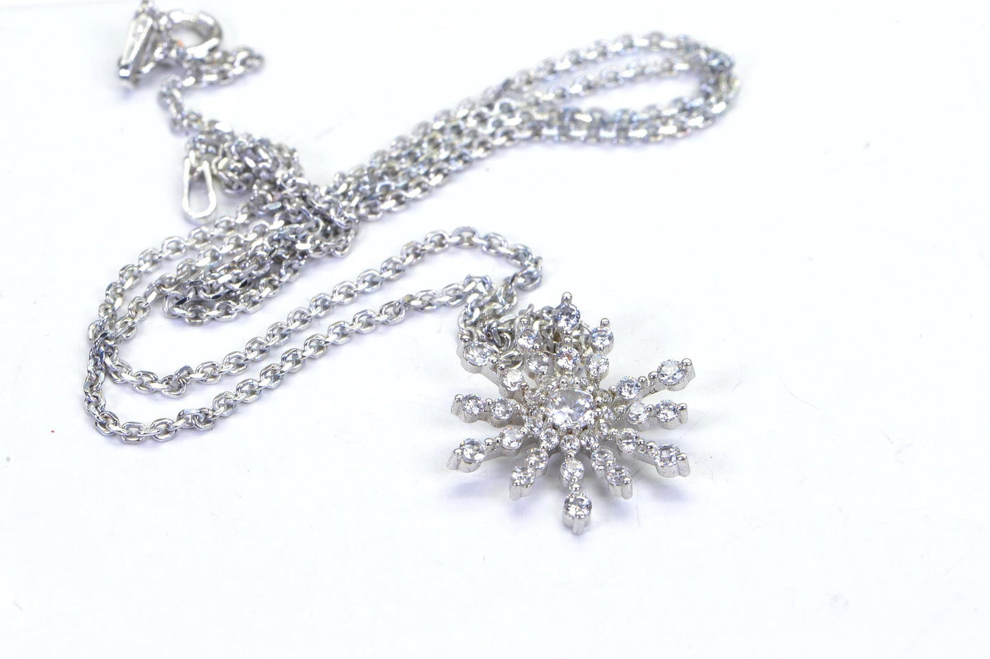Simulated Diamond  Snowflake flower sunburst floting Pendant 14K White Gold Over Sterling Silver