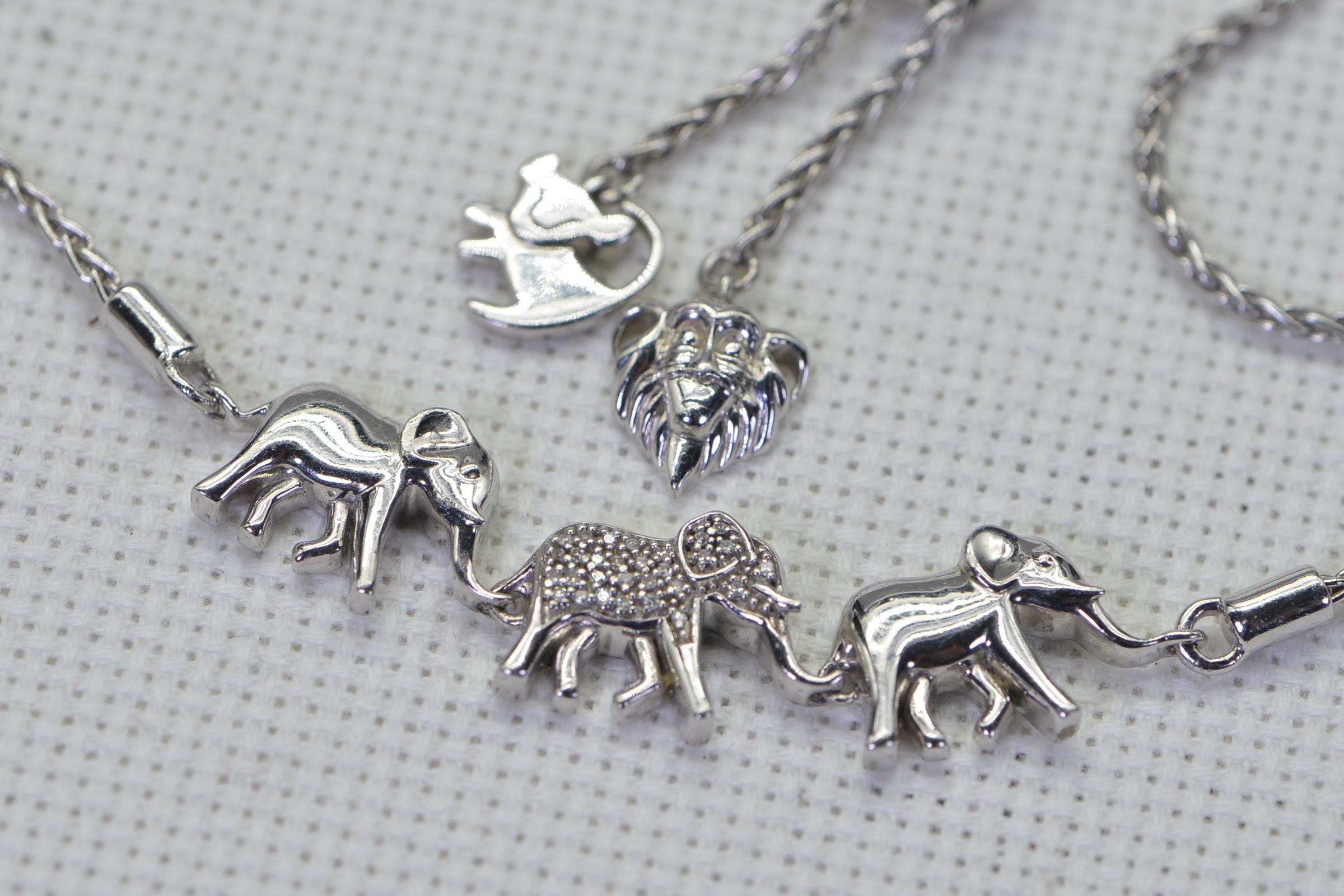 Real Diamonds Elephant bracelet 14K white Gold sterling silver Three figure animal bracelet Vintage Disney Jewelry Collection