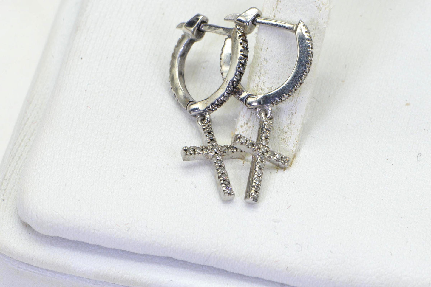 Diamond Cross Dangle Earrings: 14K White Gold over Sterling Silver