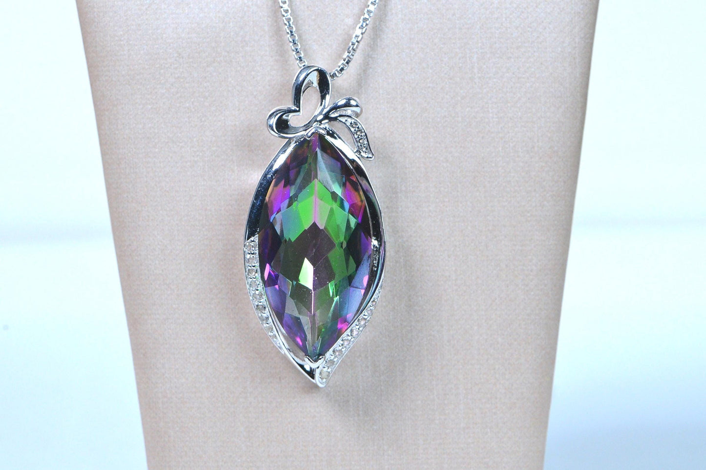 Mystic Topaz Sterling Silver Pendant: Marquise Necklace, Simulated Diamonds