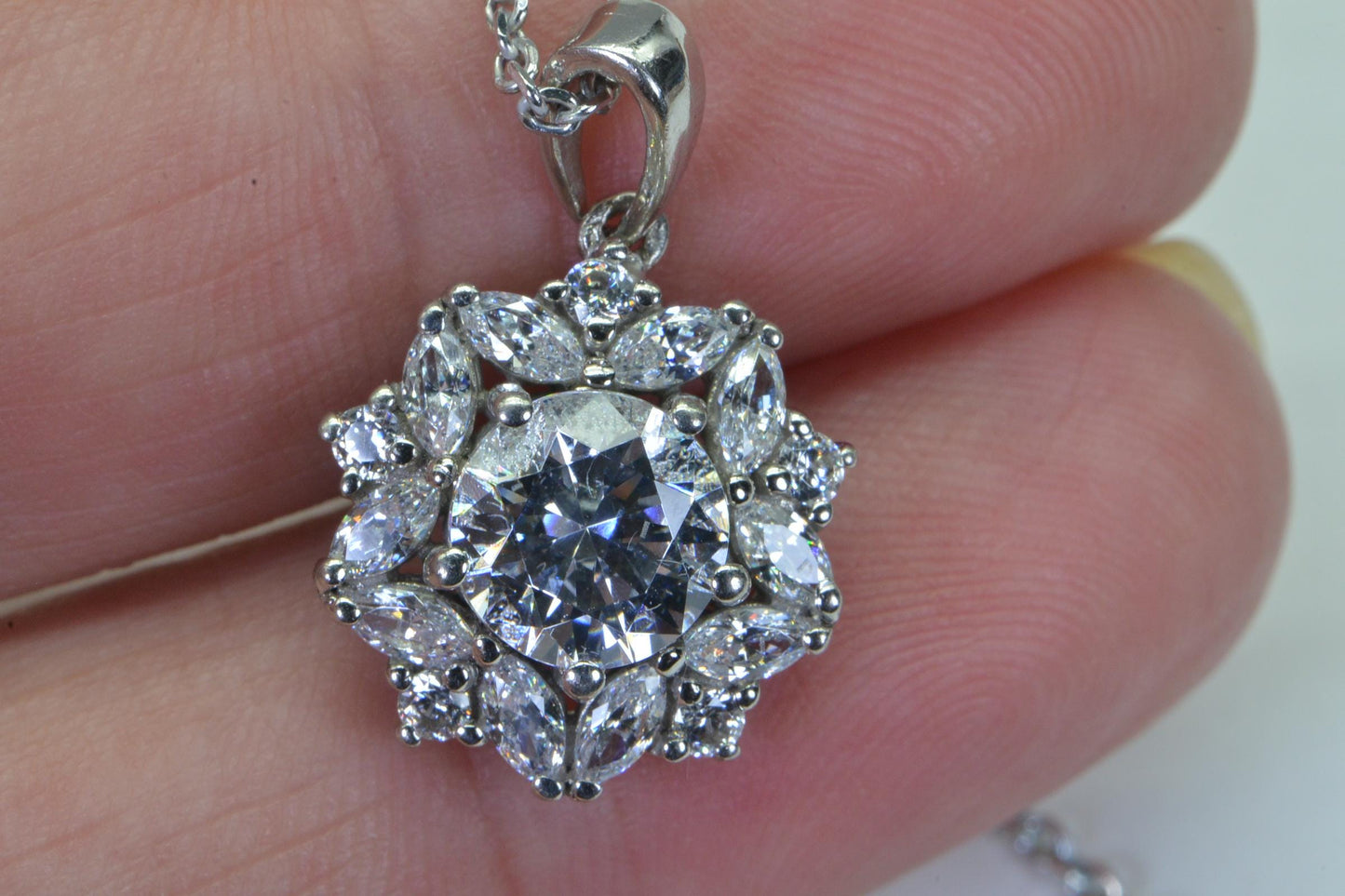Diamond Flower Pendant Necklace: Sterling Silver Bridal Jewelry
