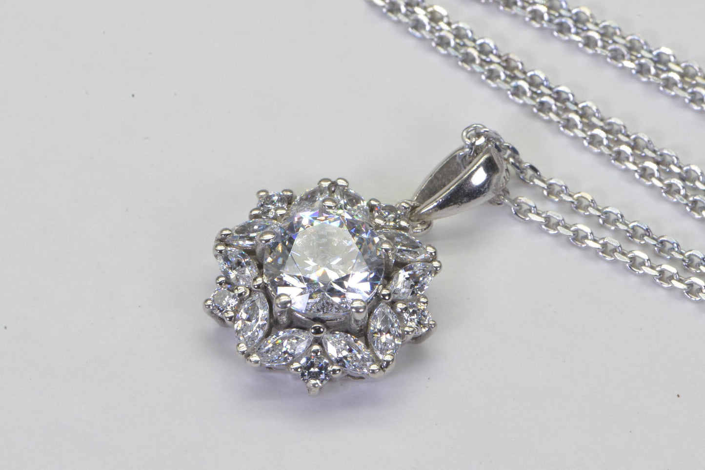 Diamond Flower Pendant Necklace: Sterling Silver Bridal Jewelry