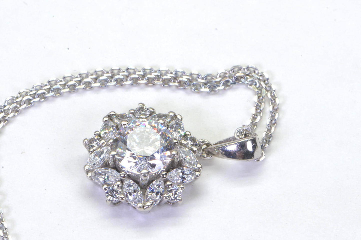Diamond Flower Pendant Necklace: Sterling Silver Bridal Jewelry