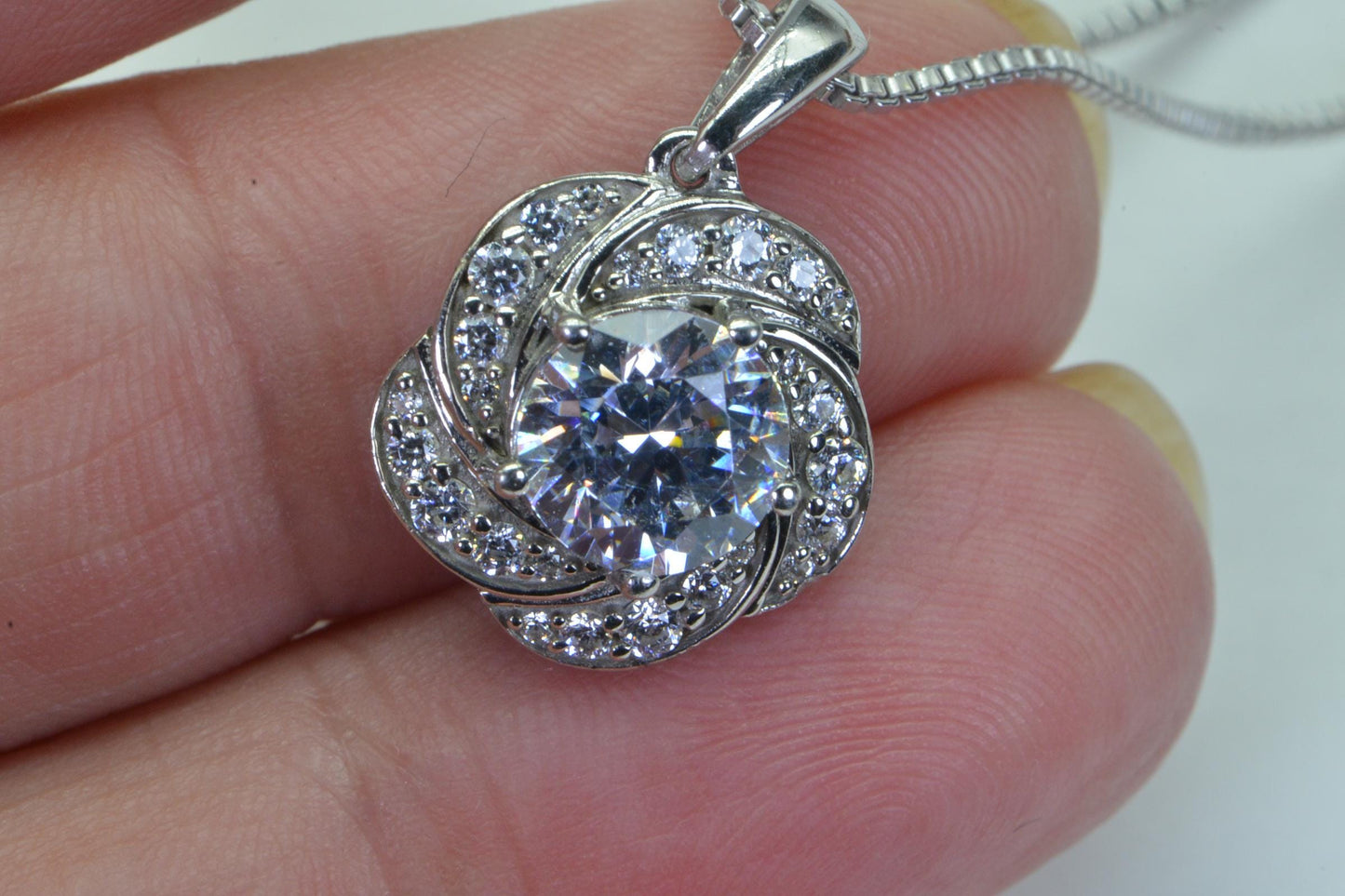 Diamond Cut Flower Pendant Necklace: Sterling Silver Bridal Jewelry