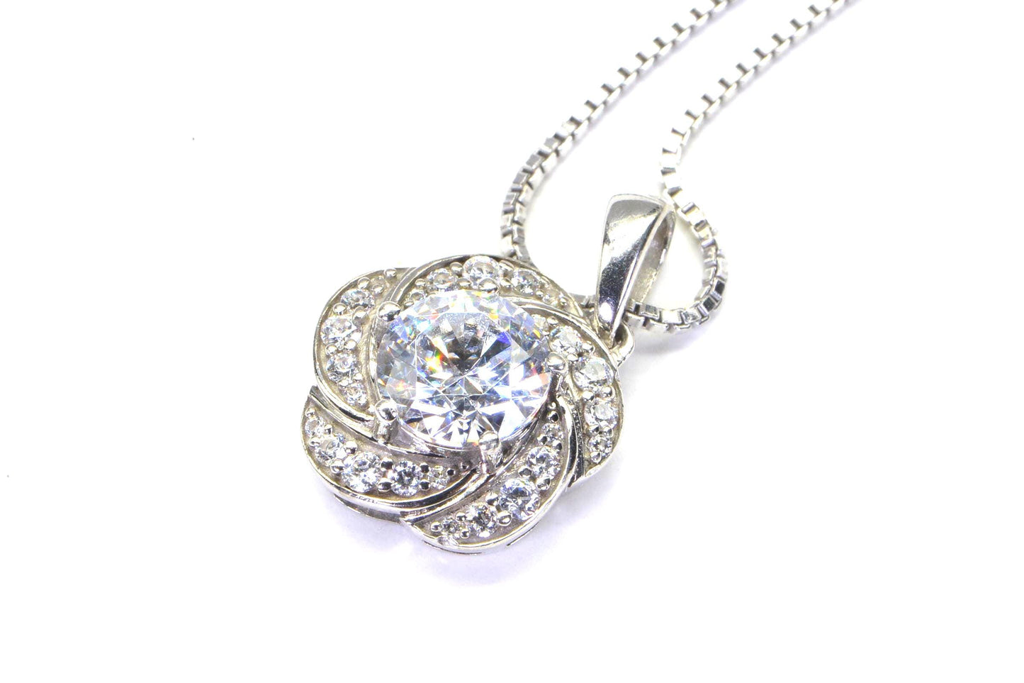 Diamond Cut Flower Pendant Necklace: Sterling Silver Bridal Jewelry