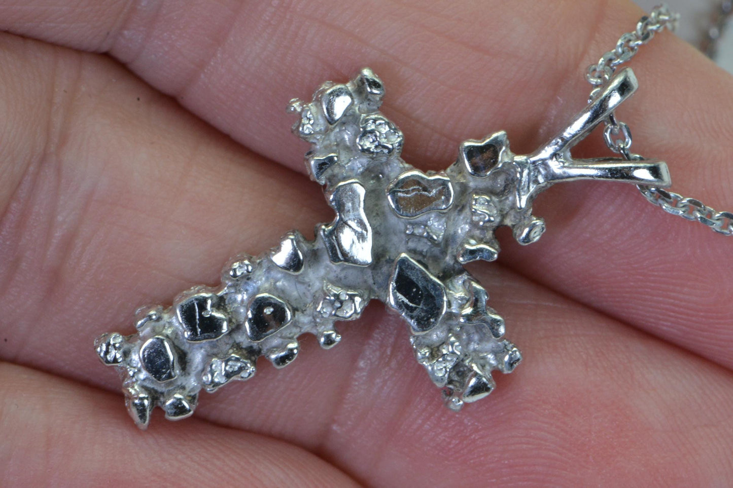 Handmade Nugget Cross Pendant Sterling Silver with 18K White Gold Finish
