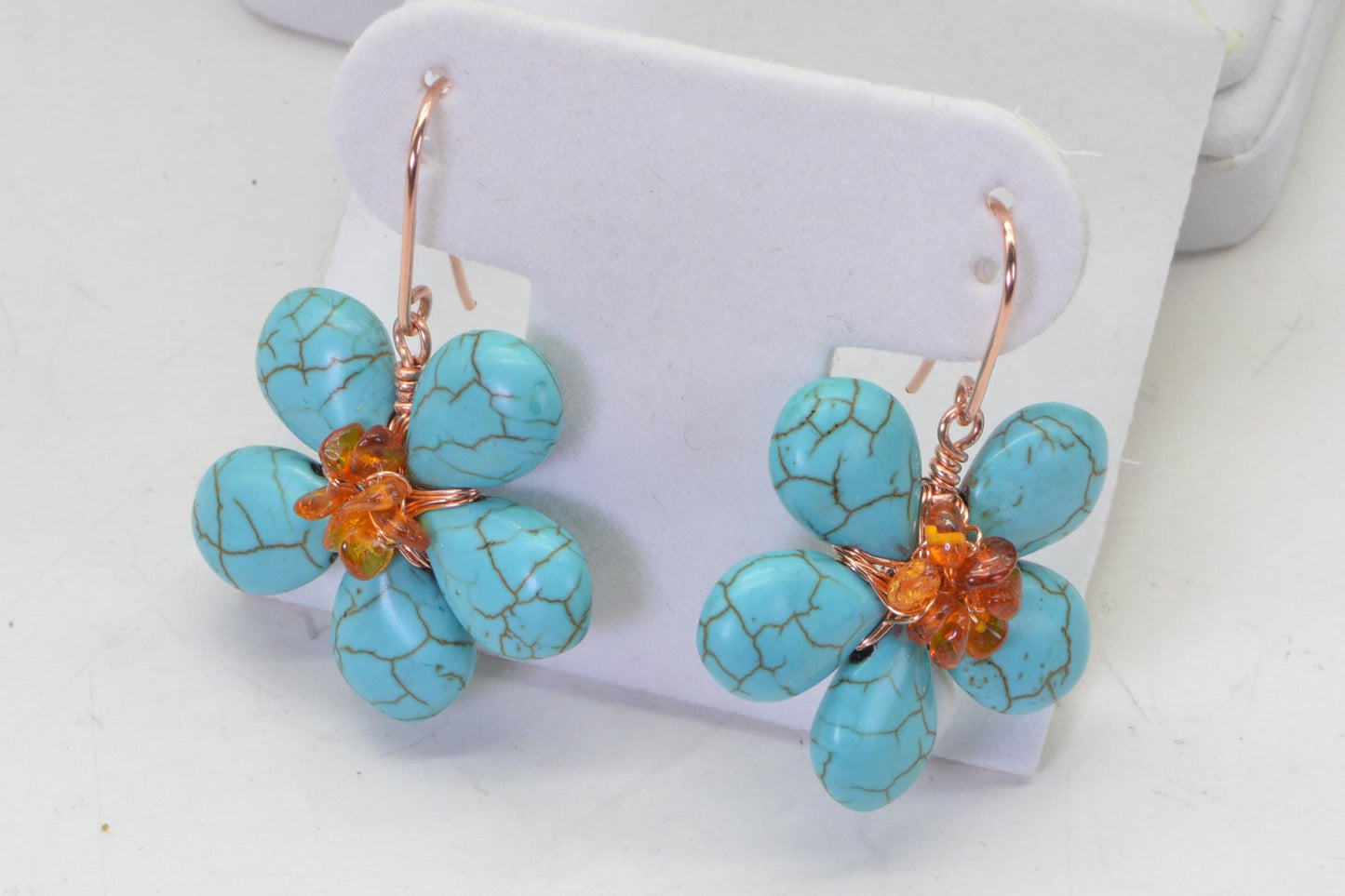 Turquoise Amber Flower Earrings: Wire Wrapped Copper Dangle Earrings