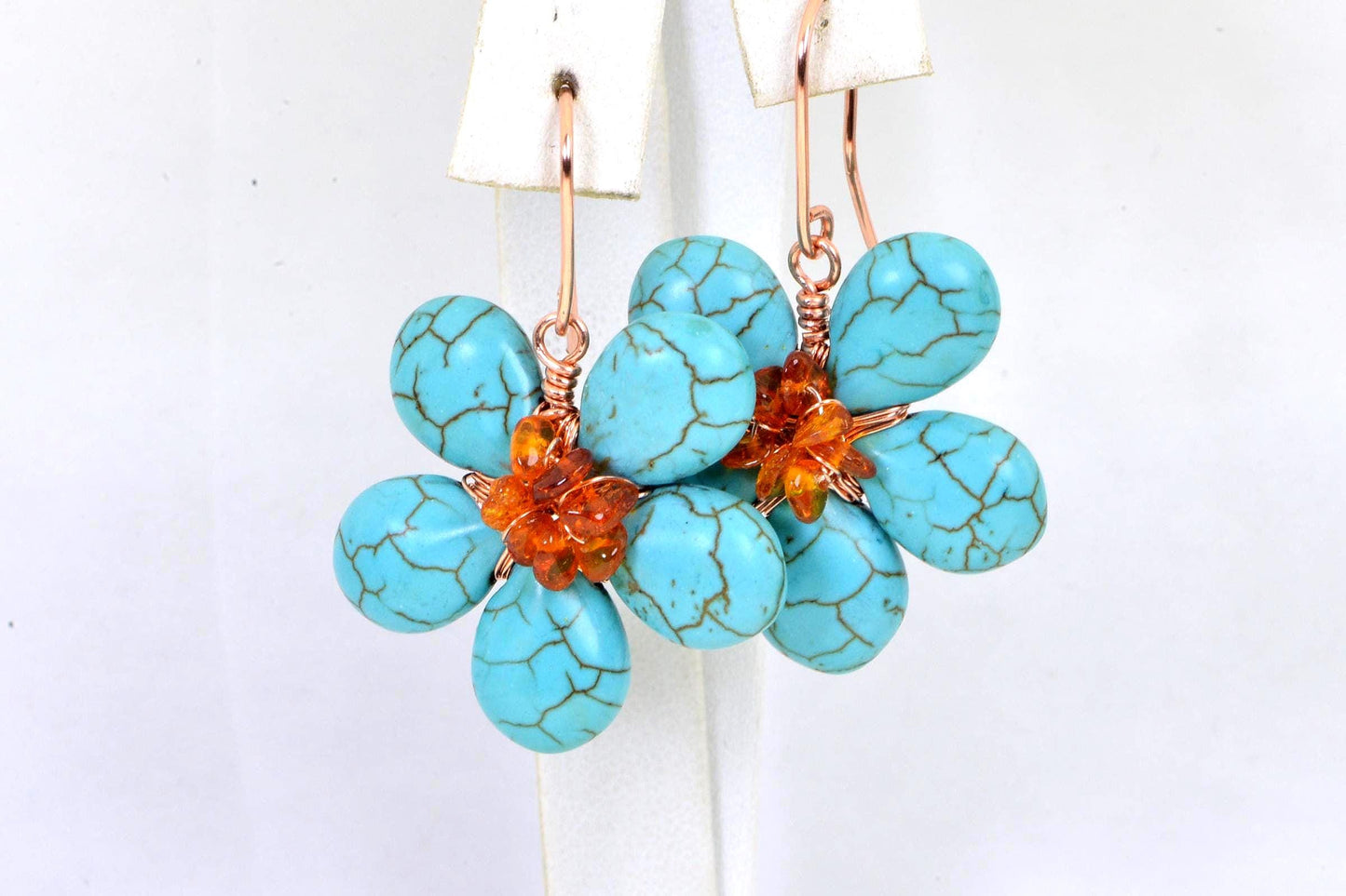 Turquoise Amber Flower Earrings: Wire Wrapped Copper Dangle Earrings