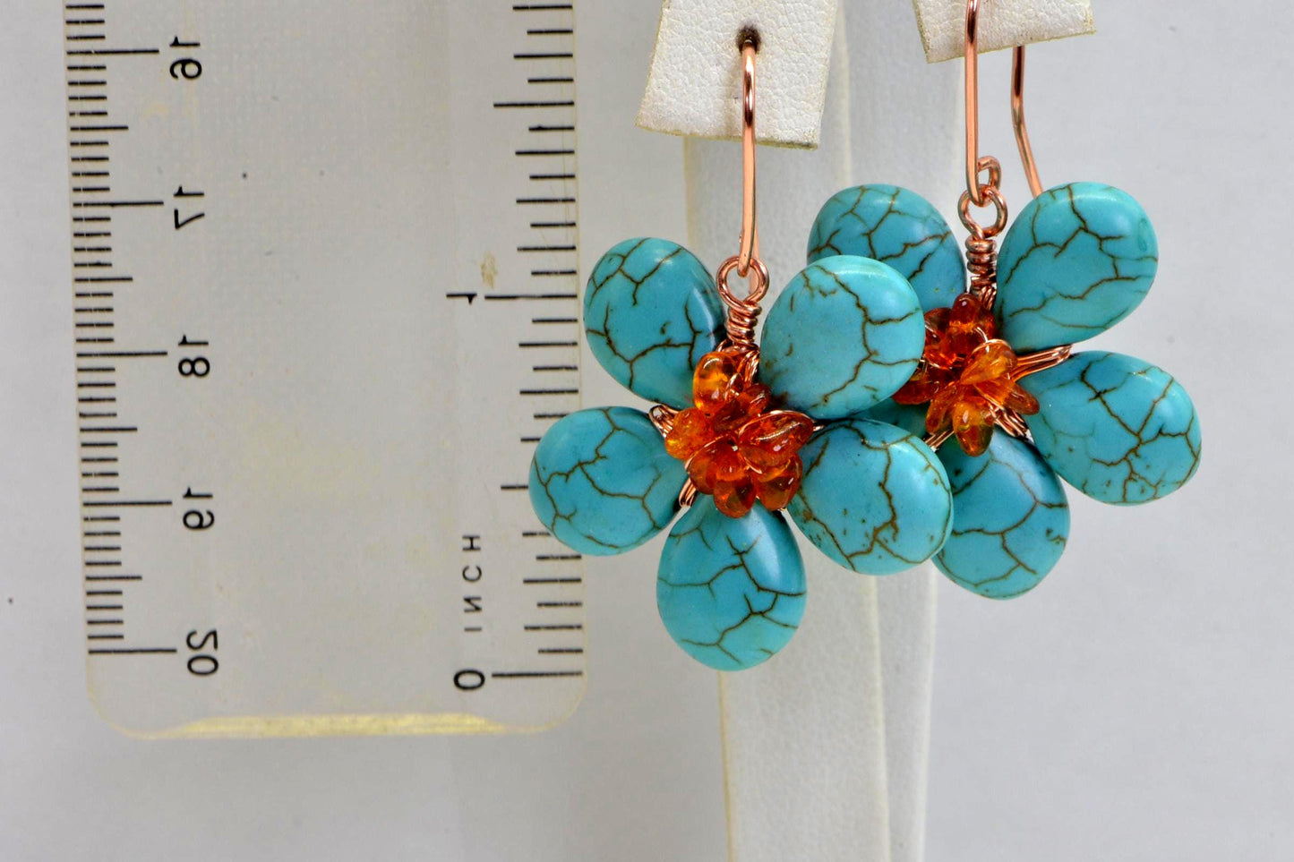 Turquoise Amber Flower Earrings: Wire Wrapped Copper Dangle Earrings