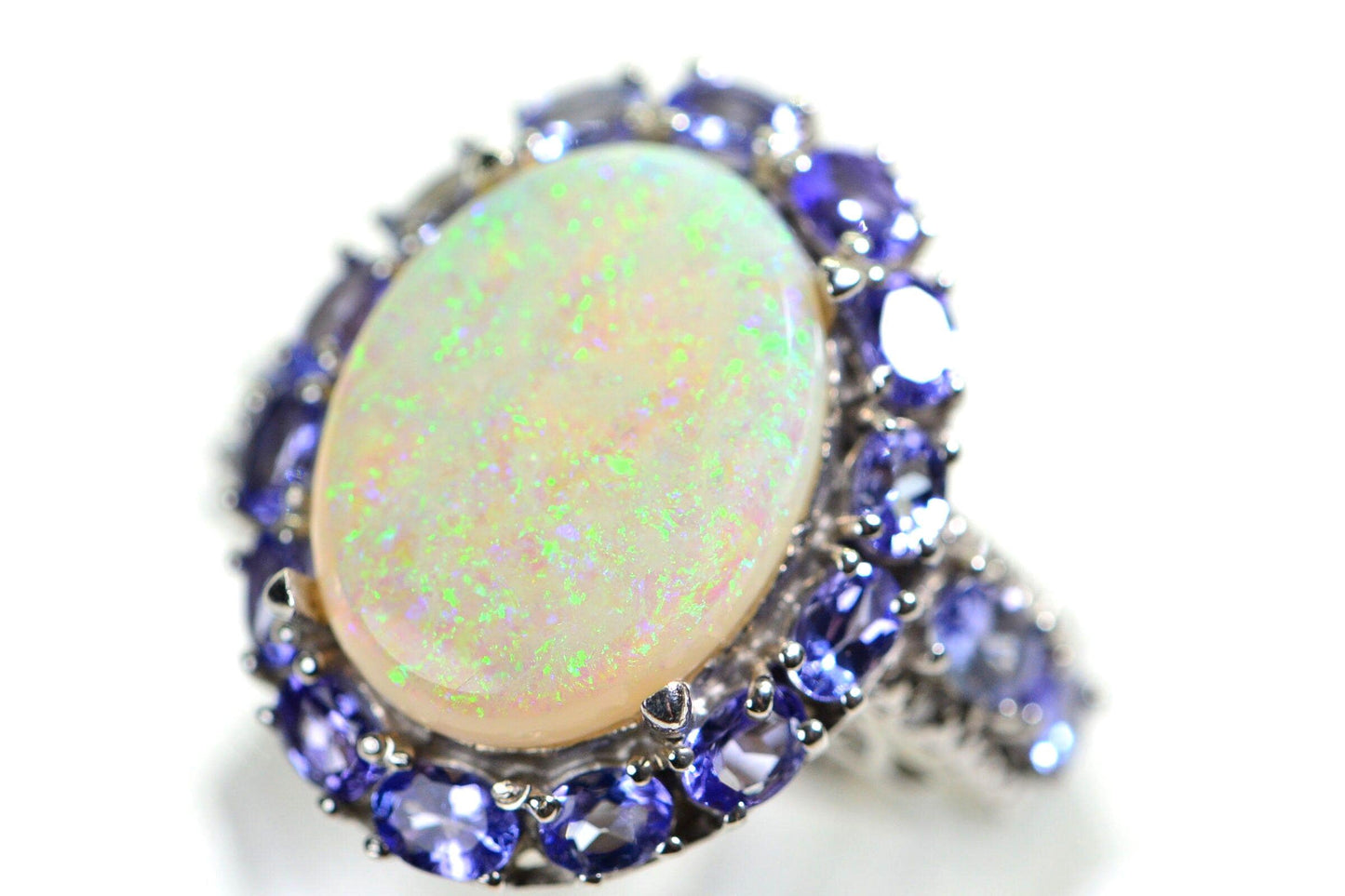 Australian White Opal Ring: Sterling Silver Halo, Tanzanite Accent