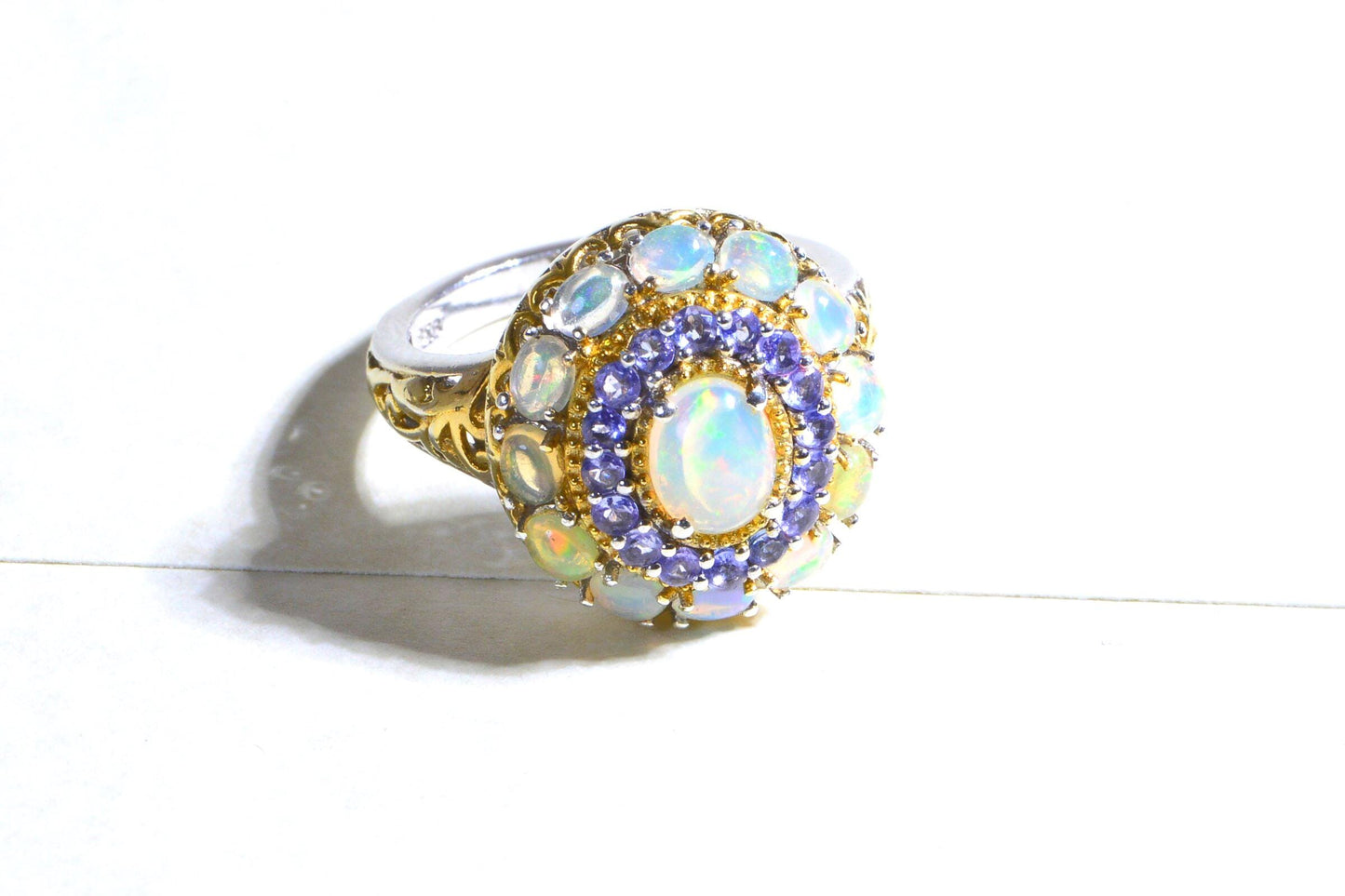 Ethiopian Opal Tanzanite Halo Ring, 24K Gold Plated Sterling Silver