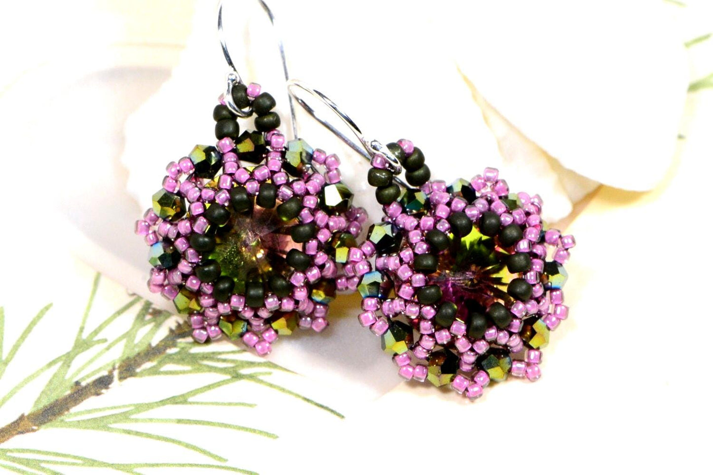 earrings swarovski rivoli and seed beads mystic topaz floral beaded
