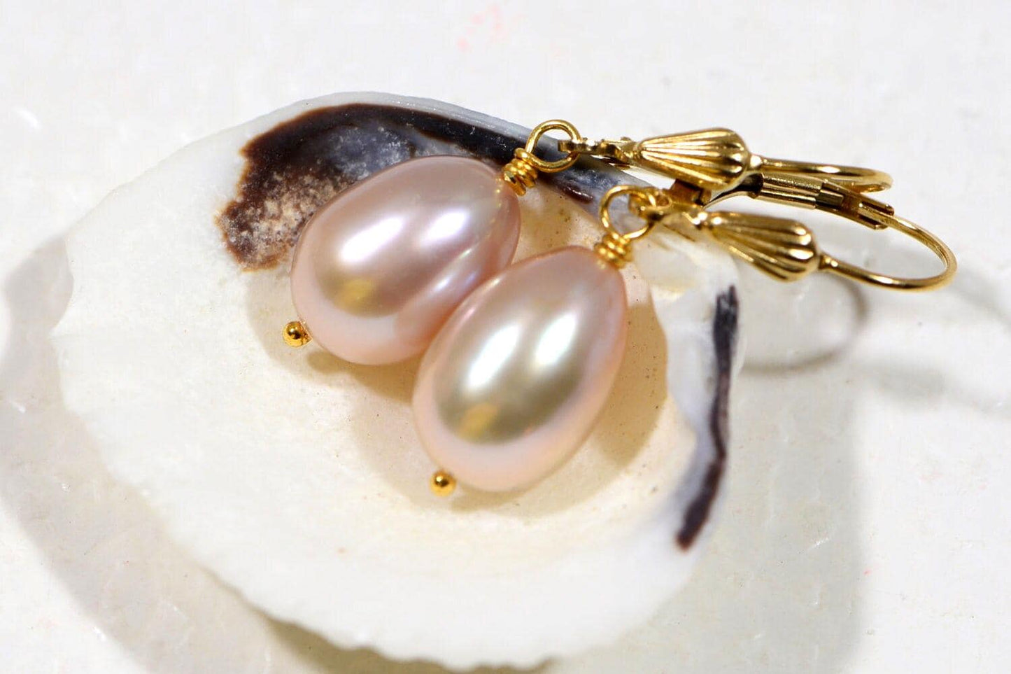 Peach Pearl Drop Earrings, 14k Gold Filled Wire Wrapped Leverbacks