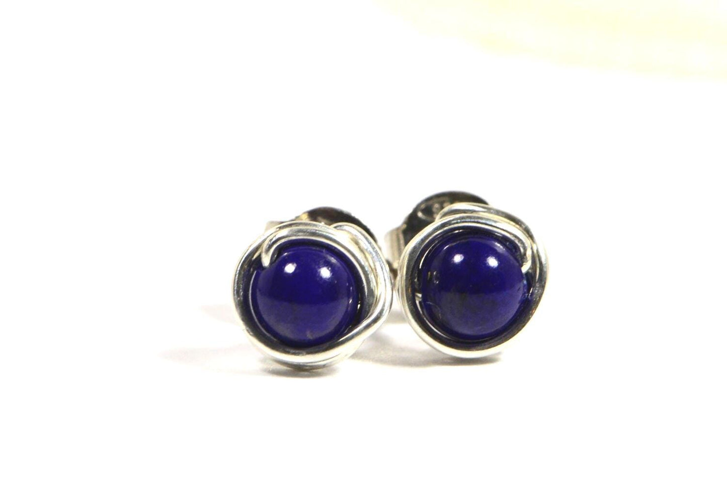 Lapis Lazuli Stud Earrings, Sterling Silver Wire Wrapped Posts