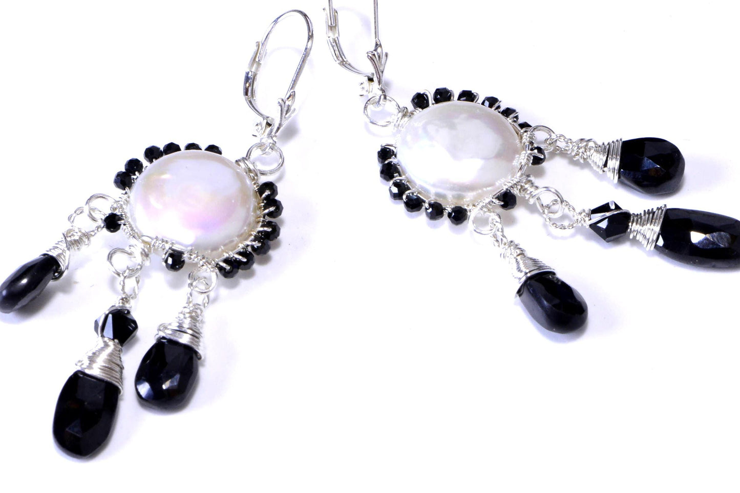 Wire Wrapped Pearl Earrings, Black Onyx, Sterling Silver