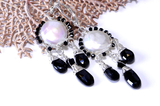 Wire Wrapped Pearl Earrings, Black Onyx, Sterling Silver
